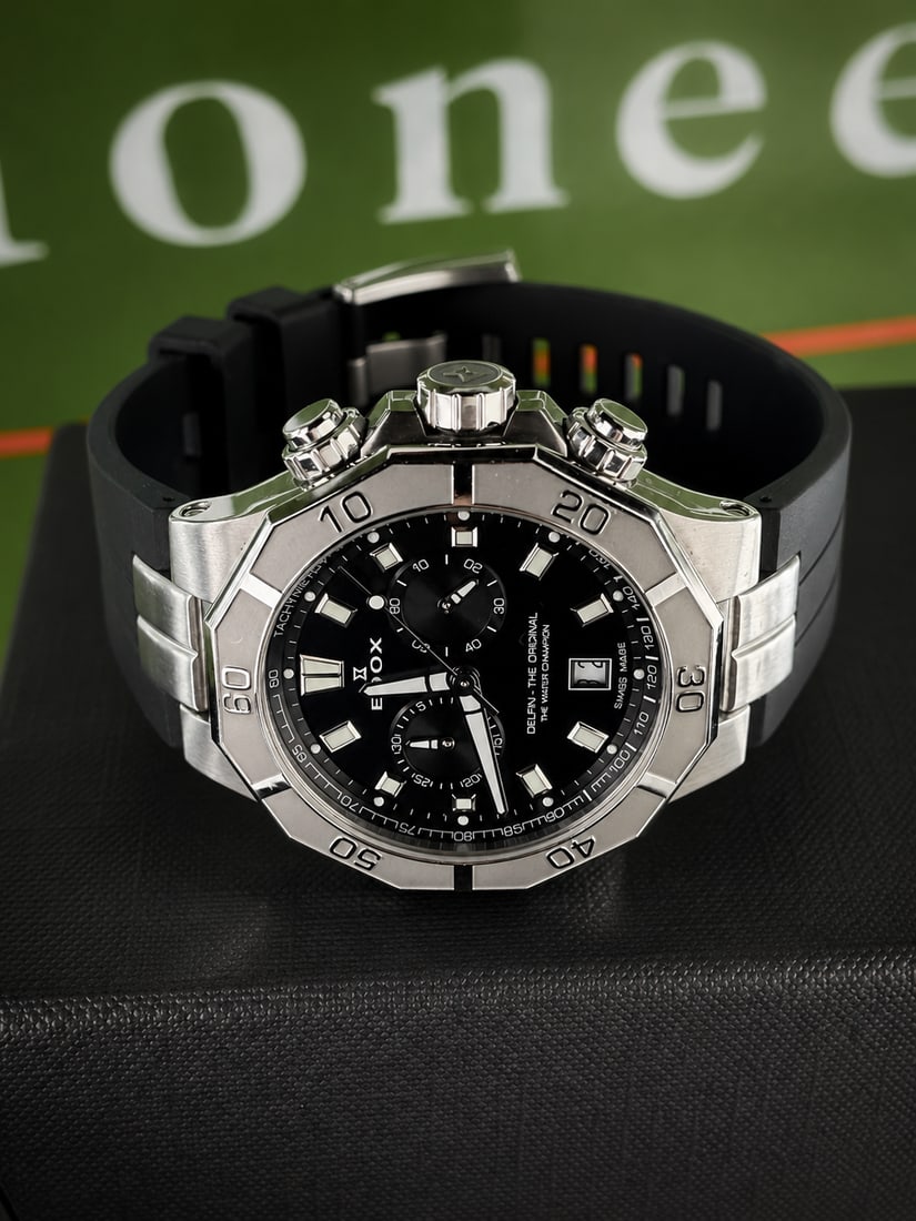 Edox Delfin `The Water Champion` Chronograph Edition Divers Watch 2024 Model: Edox Delfin `The Water Champion` Chronograph Edition Divers Watch, excellent condition, as pictured with full original packaging and manuals etc/warranty card, may still be under