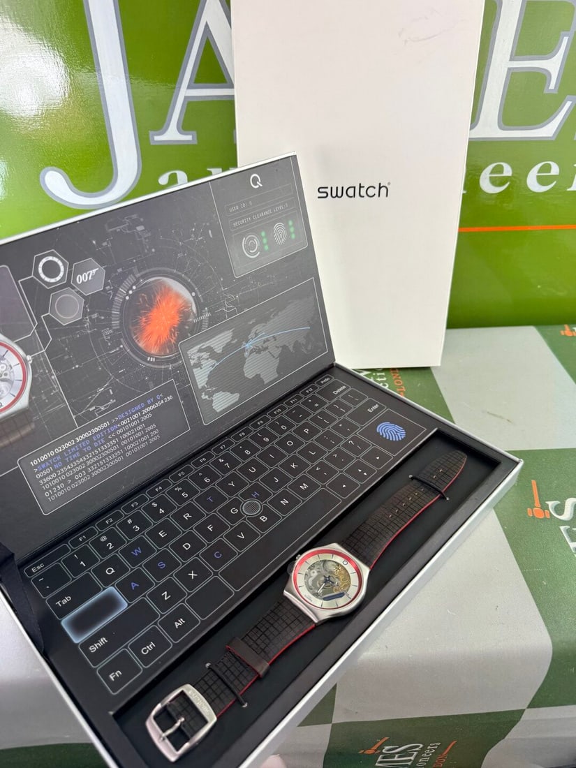 Swatch Ltd Edition James Bond 007 Q Watch #2: Swatch Ltd Edition James Bond 007 Q Watch-As pictured with cellophane sticker still applied to bezel, laptop style Q reference from the bond themed films.