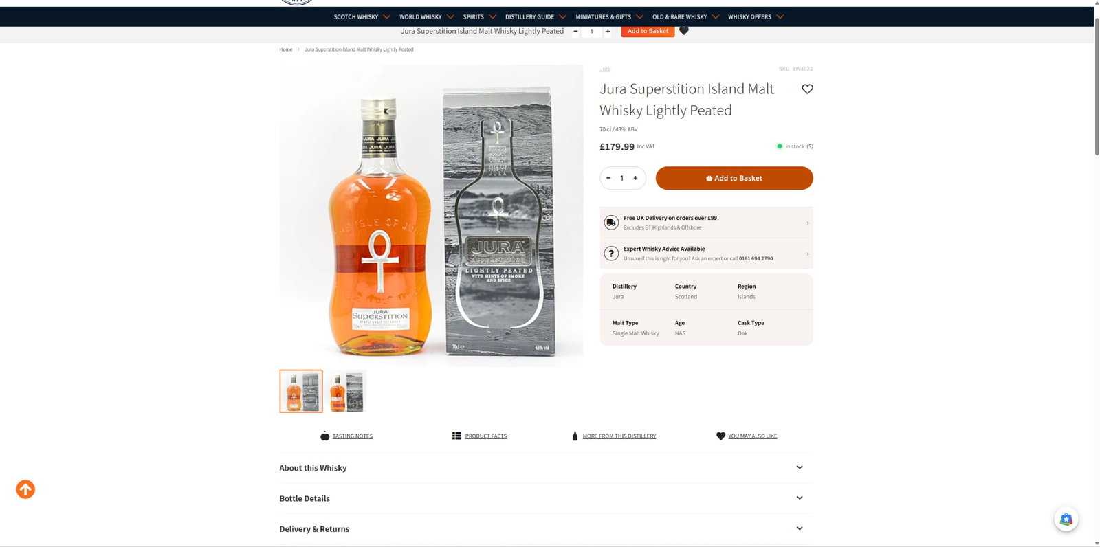70cl Bottle of Jura Superstition Whiskey With Box - 5