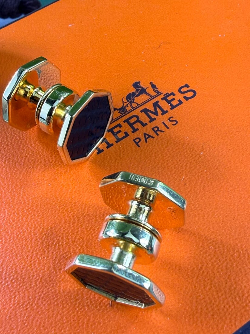 Hermes Paris Octagonal Vintage Gold Cufflinks & Black Lizard Leather Inlay-Very Rare Examples - 4