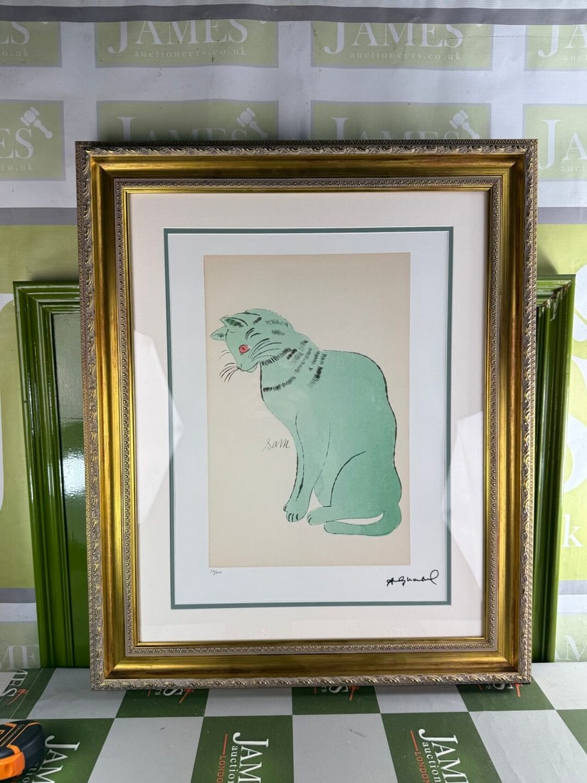 Andy Warhol-(1928-1987) `Green Sam` Numbered Lithograph #50 /100: Andy Warhol-(1928-1987) `Green Sam` Numbered Lithograph #50 /100. Professionally framed using museum quality perspex and double mount, gold finish ornate framed. Dimensions & number of limited pri