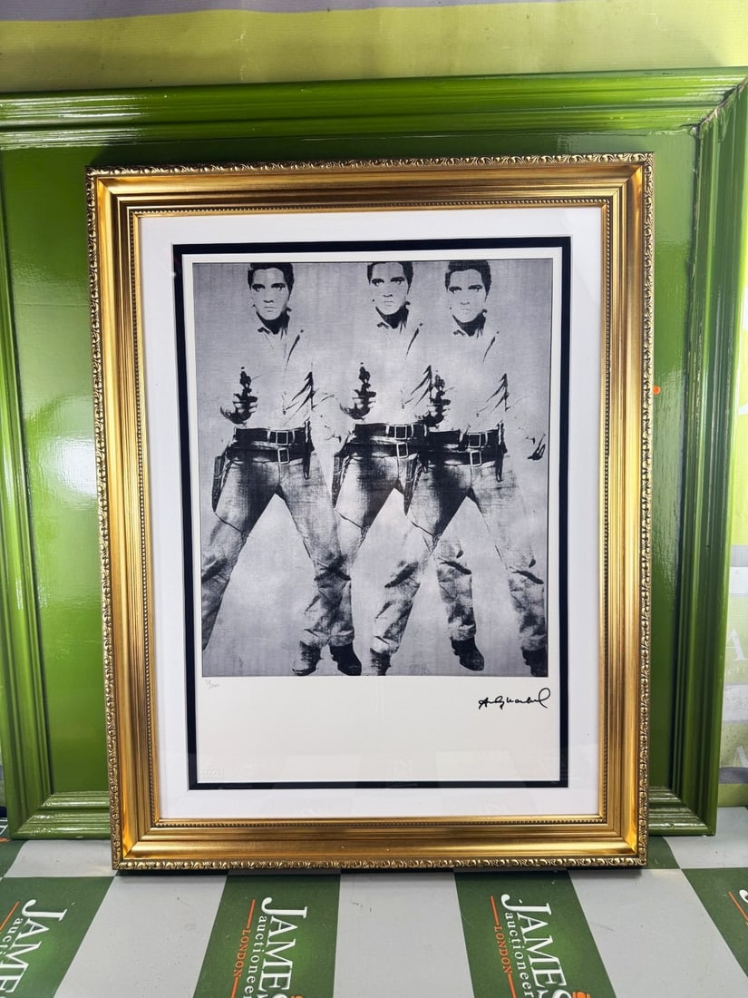 Andy Warhol-(1928-1987) Elvis Numbered Lithograph #38/100: Andy Warhol-(1928-1987) "Elvis" Numbered Lithograph #38/100 Professionally framed using museum quality perspex and double mount, gold finish ornate framed. Dimensions & number of limited print num