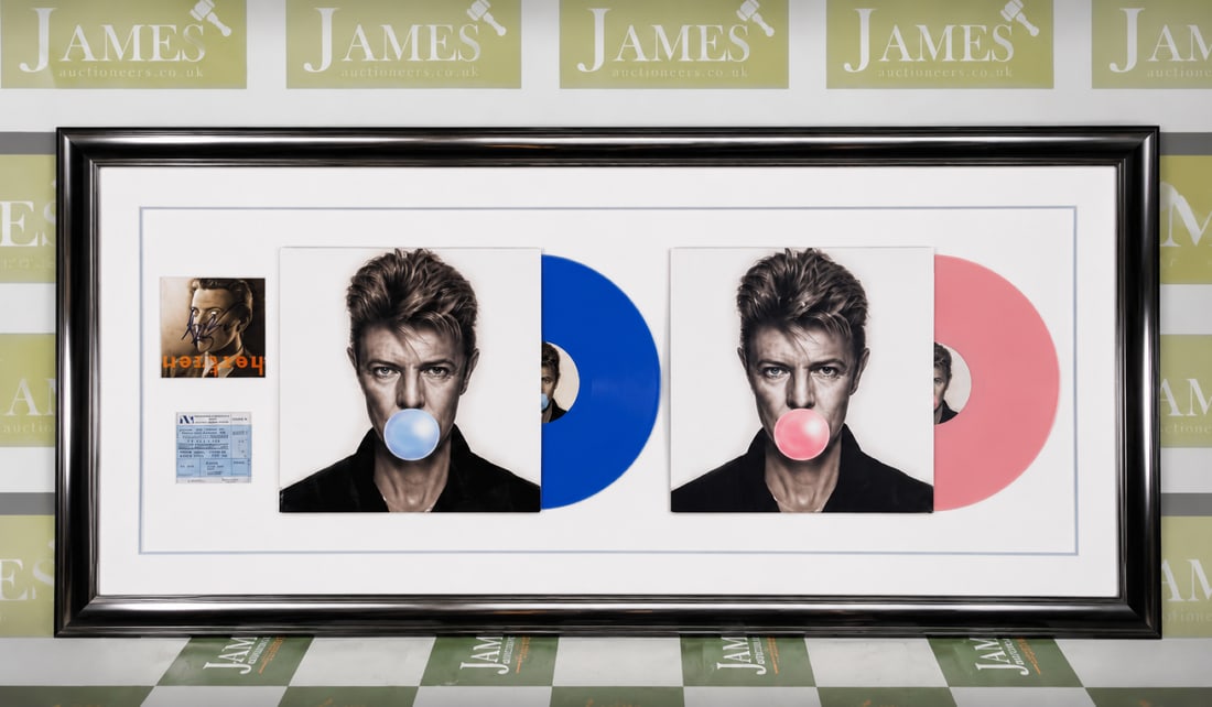 David Bowie One Of A Kind Signed Cd/Vinyl Pop Framed Montage: DAVID BOWIE: Two limited edition LPs on coloured vinyl to include 'Best Of Live Volume One' on pink vinyl (Reel To Reel Music Company ART19) and 'Best Of Live Volume Two' on blue vinyl (Reel To Reel M