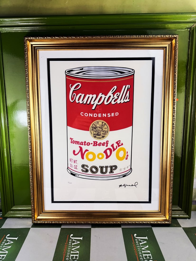Andy Warhol-(1928-1987) Campbells Numbered Lithograph #42/100: Andy Warhol-(1928-1987) "Campbells" Numbered Lithograph #42/100 Professionally framed using museum quality perspex and double mount, gold finish ornate framed. Dimensions & number of limited print
