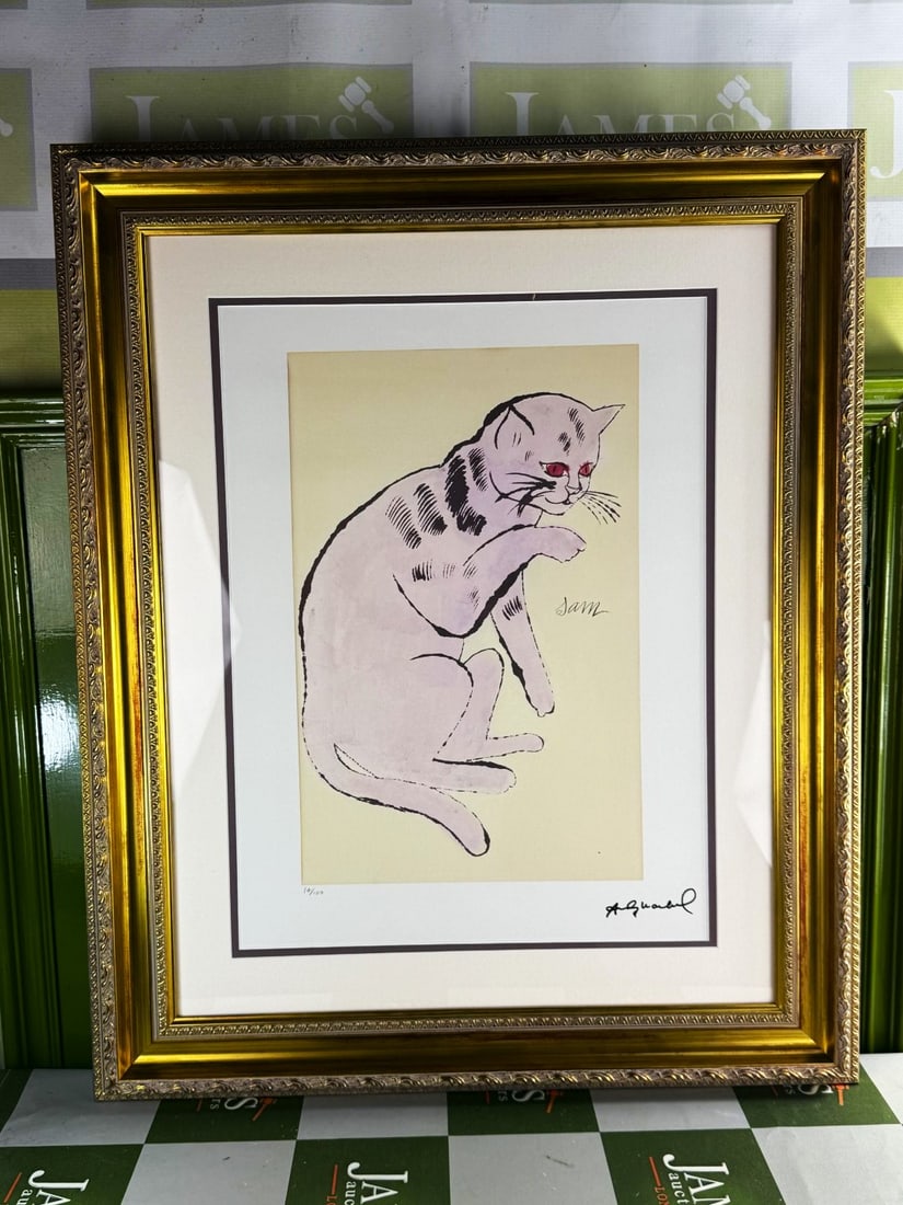 Andy Warhol-(1928-1987) `Pink Sam` Numbered Lithograph # 14/100: Andy Warhol-(1928-1987) `Pink Sam` Numbered Lithograph # 14/100 Professionally framed using museum quality perspex and double mount, gold finish ornate framed. Dimensions & number of limited print
