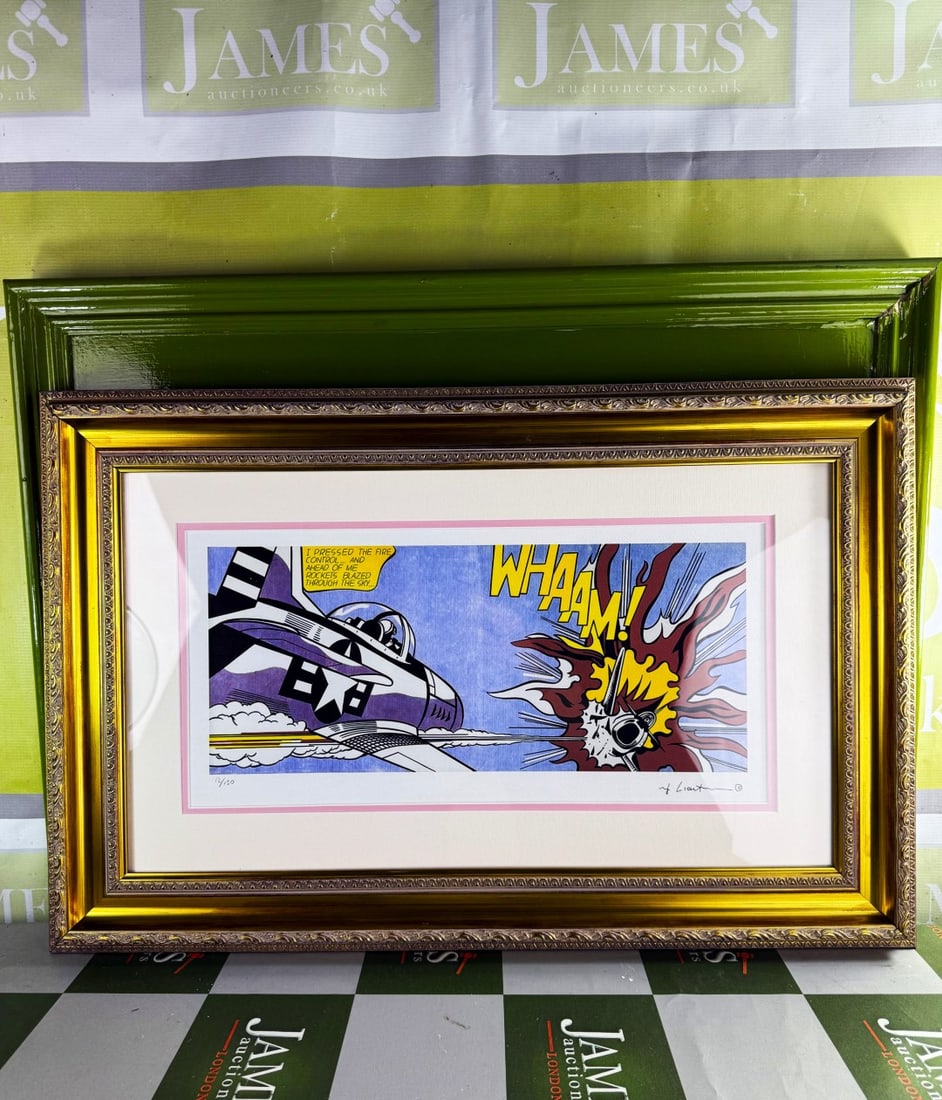 Roy Lichenstein (1923-1997) `Wham` #12/150: Roy Lichenstein (1923-1997) `Wham` #12/150- Professionally framed using museum quality perspex and double mount, gold finish ornate framed. Dimensions & number of limited print number run of frame