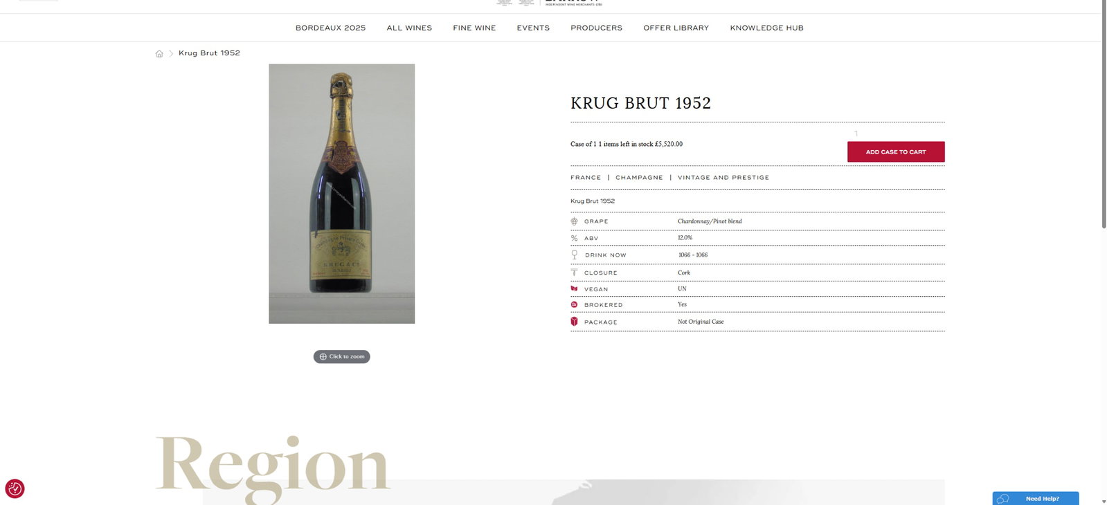 Krug 1952 Extra Sec Champagne Private Cuvee -Investment Lot-Retails GBP 5k - 6