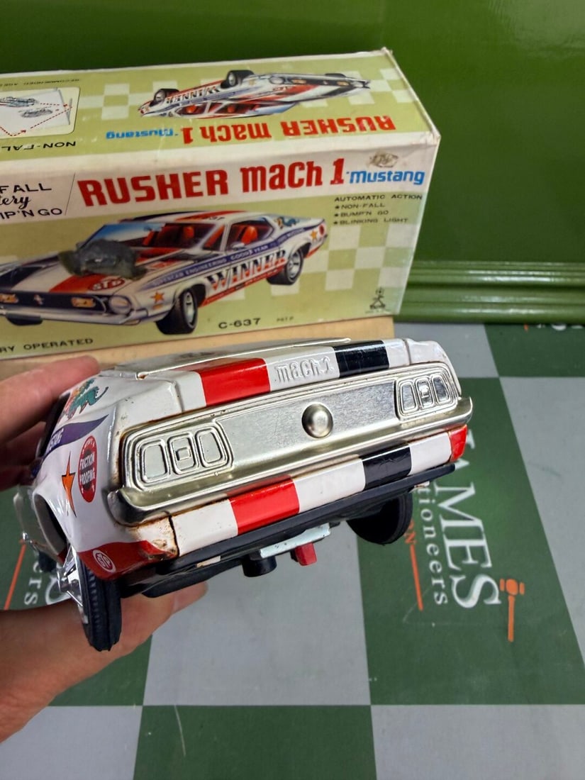 Japanese Tinplate Battery Operated Rusher Circa 1960s Vintage Mach1 Mustang-Rare - 7