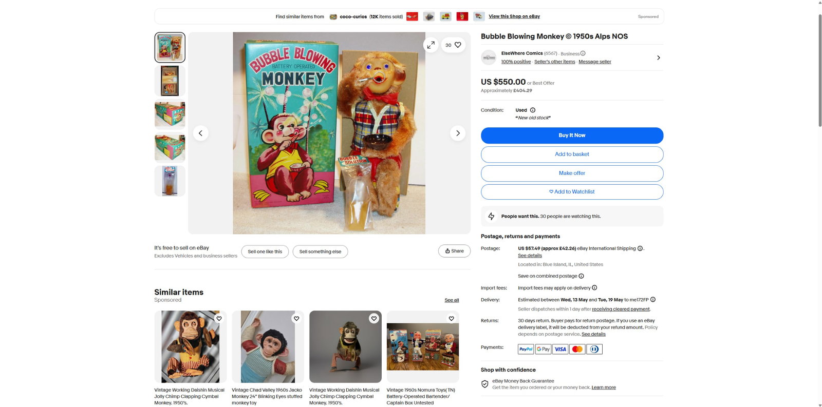 1950s/60s Battery Operated Bubble Blowing Monkey Made by Alps - 8