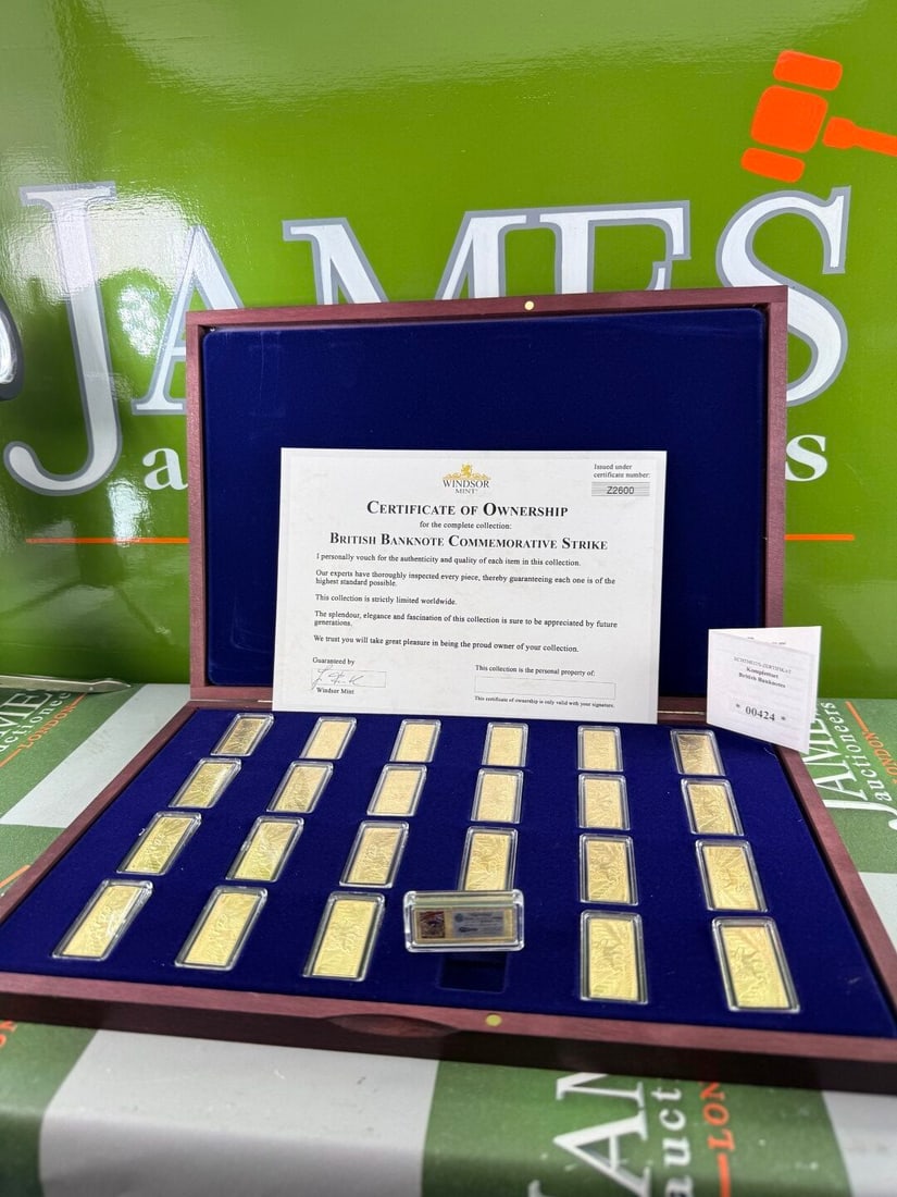 2023 Windsor Mint British Banknote Commemorative 24 K Gold Plated Ingots: 2023 Windsor Mint British Banknote Commemorative 24 K Gold Plated Ingots, limited-edition, 24k gold-plated commemorative items honoring historic British paper currency. These private, non-legal t
