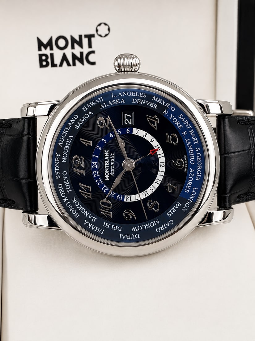 Montblanc Star World Timer Edition Automatic Watch. 2015 Example 42mm Bezel: Montblanc Star World Timer SS Automatic Watch. Black/Navy Face with Original MB Alligator Strap, rare example benefits from being a one owner example and as pictured comes with original stamped bookle