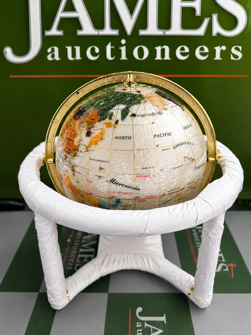 Semi Precious Gemstone Globe 300mm With Inset Compass-Unopened.: Semi Precious Gemstone Globe 300mm With Inset Compass-Unopened.as pictured still within its original packaging, understood from vendor to of been in storage for over 20 years, certificate valuation