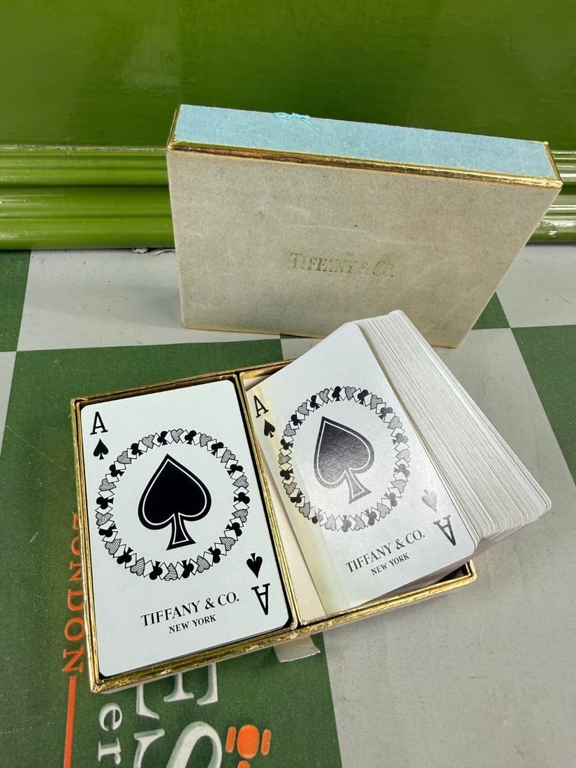 Tiffany & Co. Gold Leaf Double Deck Playing Cards Black White Backs Complete with 2 Jokers - 2