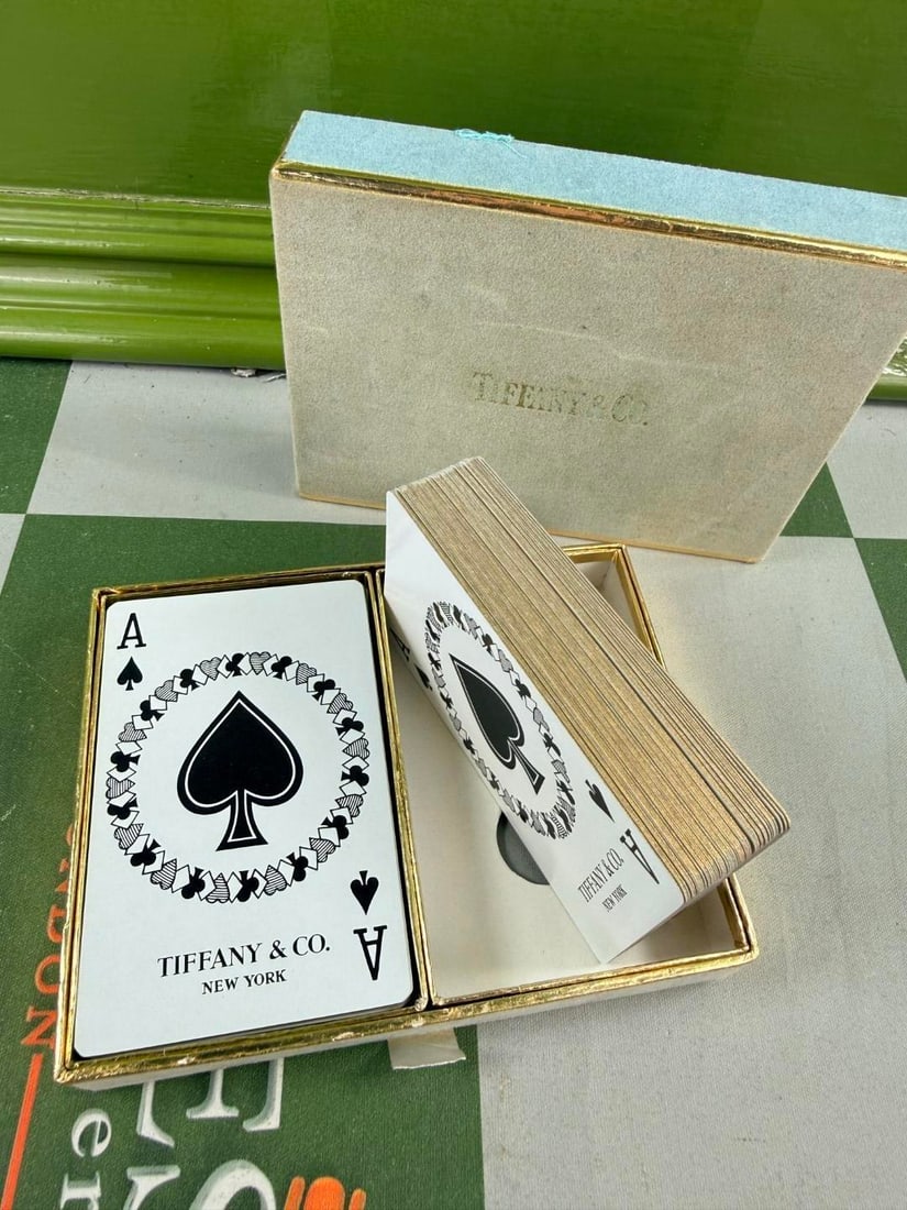 Tiffany & Co. Gold Leaf Double Deck Playing Cards Black White Backs Complete with 2 Jokers - 3