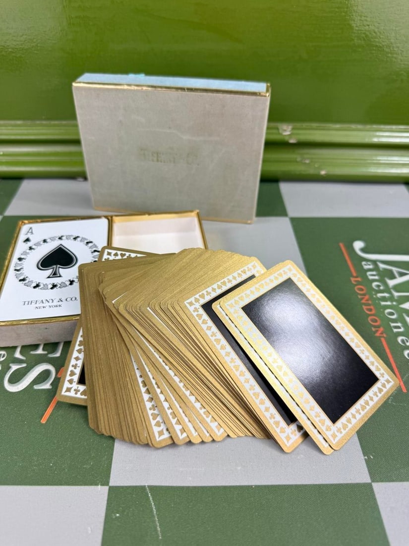 Tiffany & Co. Gold Leaf Double Deck Playing Cards Black White Backs Complete with 2 Jokers - 4