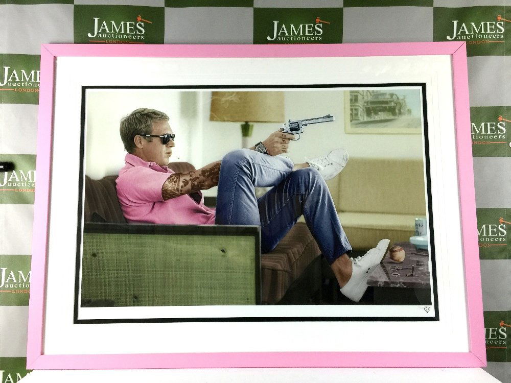 JJ Adams Signed Colour Version of Style Icon Steve: A JJ Adams Signed Colour Version of Style Icon Steve McQueen, Bespoke Framed. Wishbone Edition
