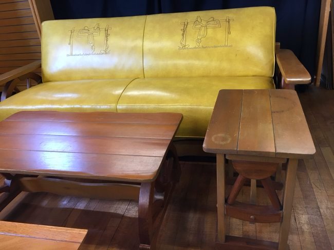 Mid Century Modern Cowboy Wagon Wheel furniture set: Well, howdy y'all! He's a lovely sleeper sofa in yellow (no splits or tears) with embroidered saddles on the back. The sides are wagon wheels. It folds down to make a daybed or up for a couch (84" x 3