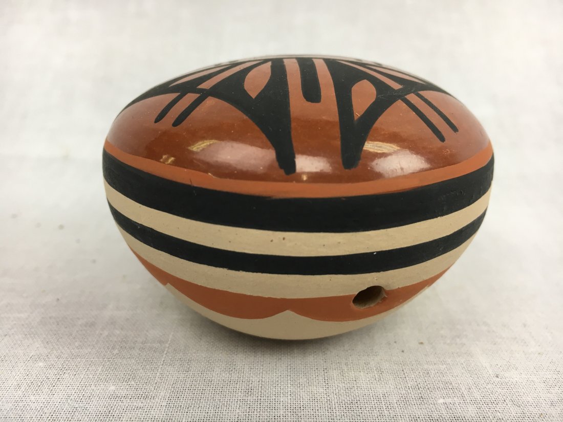 Lawrence Lupita Yepa Jemez Pueblo pottery pot: Nice little Pueblo seed pot by L. Yepa (Lawrence and Lupita Yepa) from Jemez New Mexico. Measures about 4" in diameter. Signed on bottom. No damage