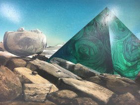 Stan Jorgensen "Place of the Oracle" Abstract painting: Wow! This is a master work by artist Stan Jorgensen. The marble/malachite obelisk is stunning. Signed on front and on reverse. Entitled "Place of the Oracle". Nicely framed. Great mix of textures- smo