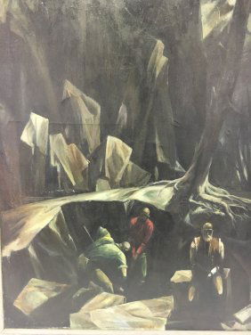 Expressionist Cubist oil painting Charles Delaunay 1940: Fantastic piece by French artist Delaunay. Large oil on canvas cubist or neo-expressionist painting of men working on a mountain road. Signed upper right corner Delaunay. Measures approximately 30" x