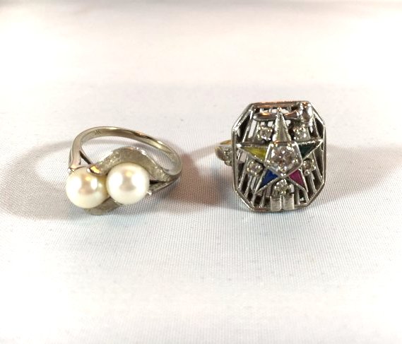 2 Ladies Rings: Masonic Eastern Star & Pearls: Lovely ladies rings: Double pearls set in 10K gold (size 7); Women's masonic Eastern Star ring inset with round brilliant diamond (4mm), surrounded by 5 small brilliant diamonds (2mm) and triangular c