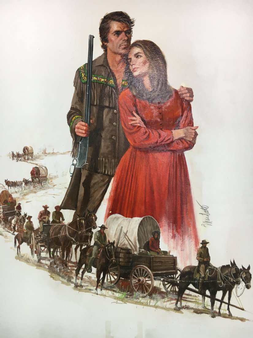 LOU MARCHETTI "Storm Trail" Original Novel Painting: Original book cover art illustration oil painting on illustration board signed with book info on back. Actual size of art = 22" x 29". Louis J. Marchetti (Lou Marchetti) (1920–1992) was a free-lance