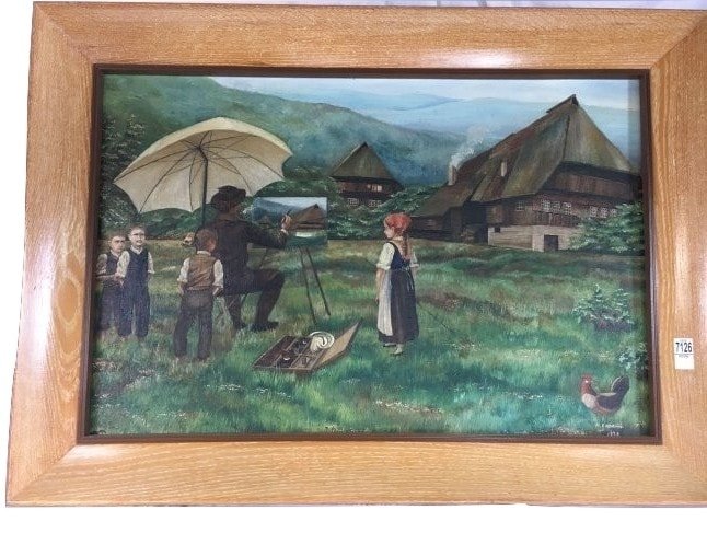 Original oil painting of artist on farm 1938 M. Endriss: Farm boys watching an artist paint en plain air during the depression - signed and dated 1938 in a very substantial (i.e. heavy) frame. WPA era. Actual size of art (not framed size) = 23" x 35"