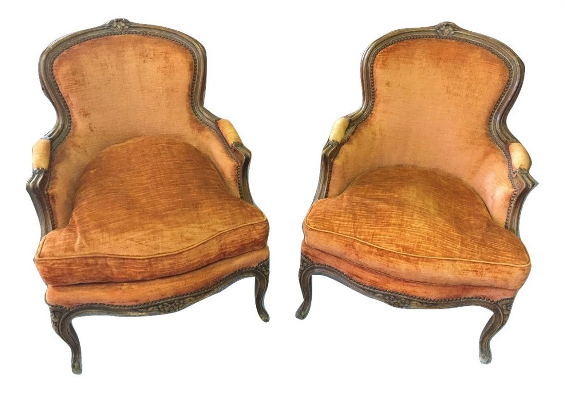 Pair French Louis XVI Parlor Armchairs w Carved Florets (1 of 5)