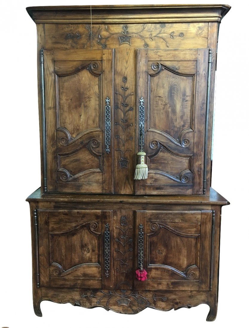 French Provencal 2 pc Walnut Hutch Folk Art Carved 1883 (1 of 10)