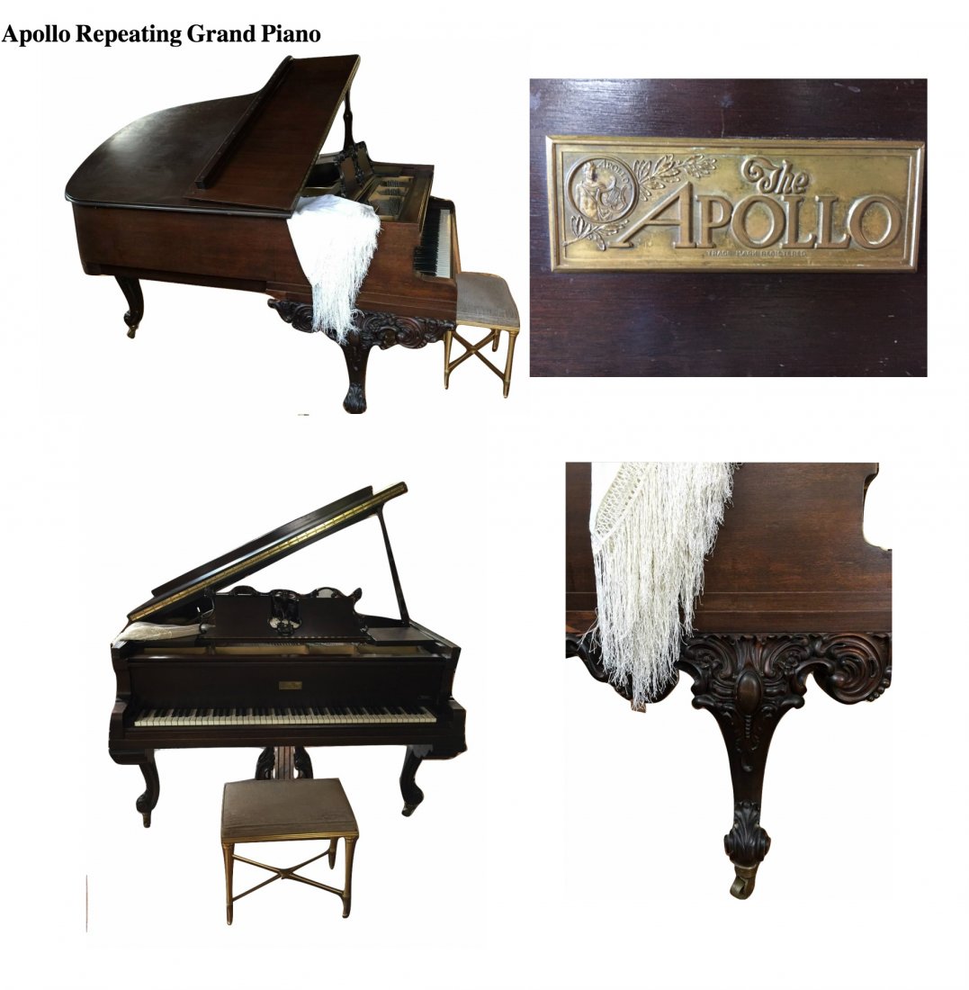 Wurlitzer Apollo Repeating Baroque Grand Player Piano: Very ornate ebonized parlor reproducing player grand piano by the Apollo Piano Company. This piano was built after Wurlitzer had assumed control of the Apollo name. It is very unusual for a reproducin