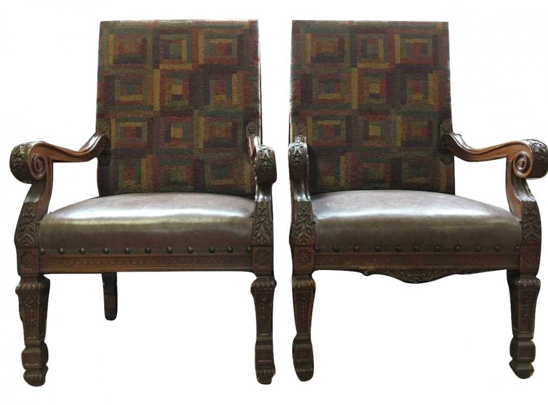Pair Antique Jacobean Throne Armchairs Carved (1 of 4)