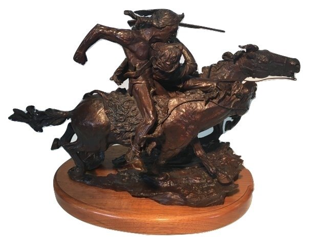 "Fate of The Scout" Western Bronze by Maher Morcos: This is an original bronze sculpture created using the lost wax process by American artist Maher Morcos. It stands 17.5" tall and measures 28" wide. It is secured on a wooden base with brass name tag.