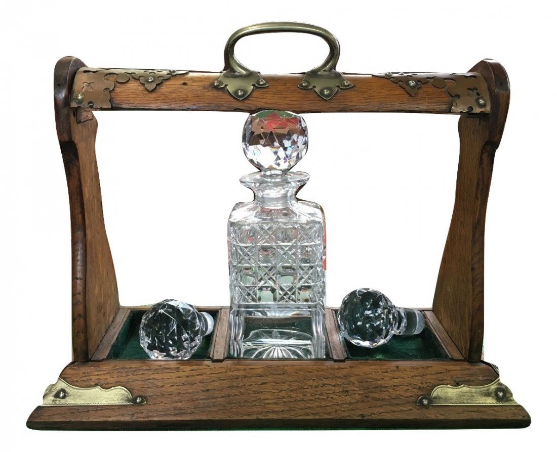 Victorian English Oak Crystal Decanter Tantalus Set (1 of 5)