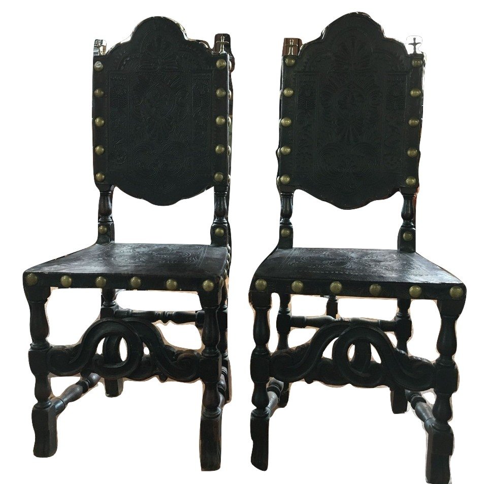 Pair Spanish Portuguese 17th c. Tooled Leather Chairs 1 (1 of 9)