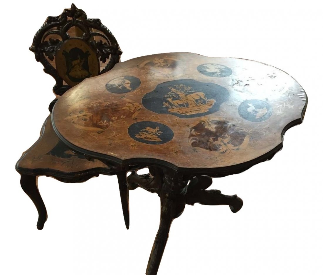Black Forest Carved & Inlaid Table & Chair Emille Egger (1 of 7)