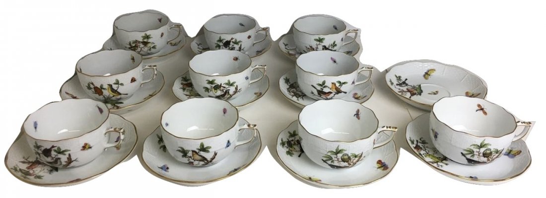 Herend Rothschild Fine Porcelain 10 Coffee Cups Saucers: Herend Rothschild Fine Porcelain 10 Coffee Cups & 11 saucers. Cups measure 3.5" x 2". Many connoisseurs consider this pattern, first created in 1860 for the Rothschild family of Europe, to be the epit