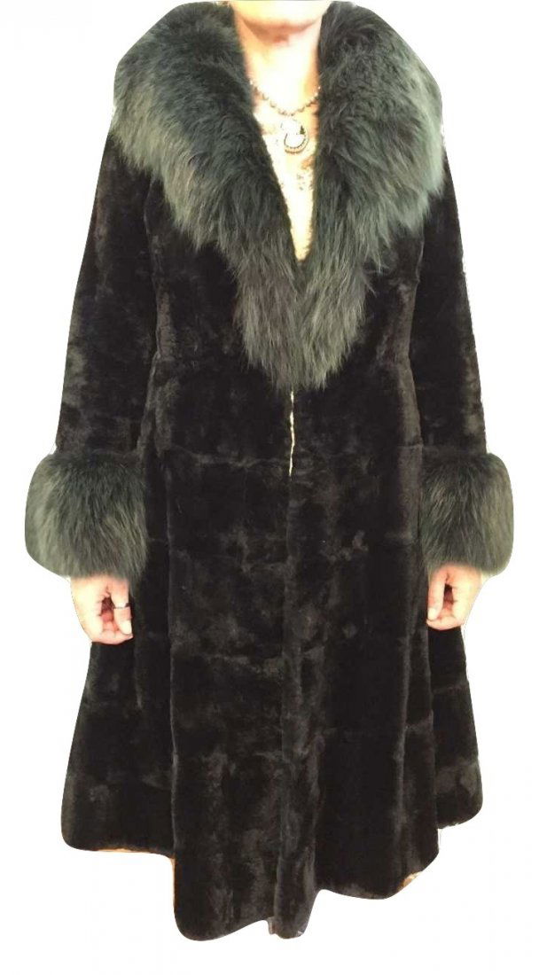 Martha Mink Fur Coat w/ Green Fluffy Fur Trim sz 10 (1 of 10)