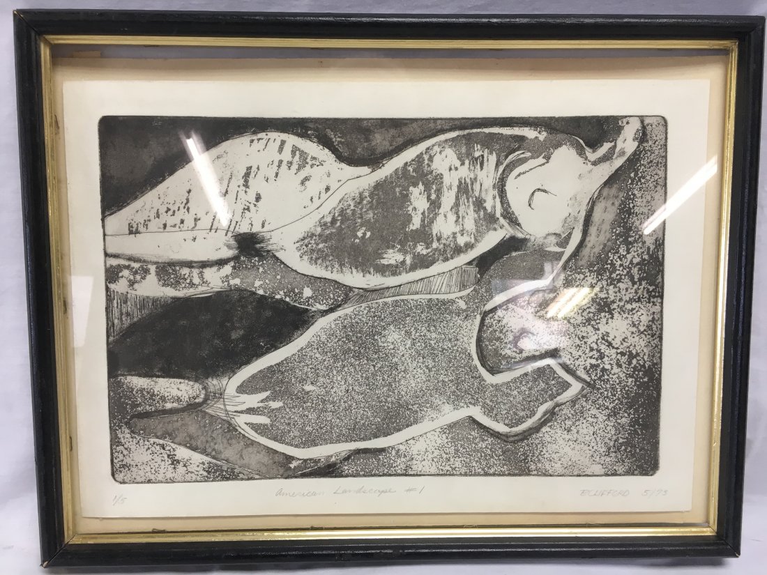 Clifford "American Landscape" etching Mid Century Mod: This etching by B. Clifford is entitled "American Landscape" and takes a twist on the traditional landscape art by replacing it with the female body. I don't know how American that is...seems more Eur