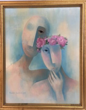 Linda Glovick original oil on board Surrealism painting: Here is an original oil on board painting by Alaskan artist Linda Glovick. Her prints of Alaskan native wildlife are quite popular but this unique painting in cubist form has a surrealist allure, refl