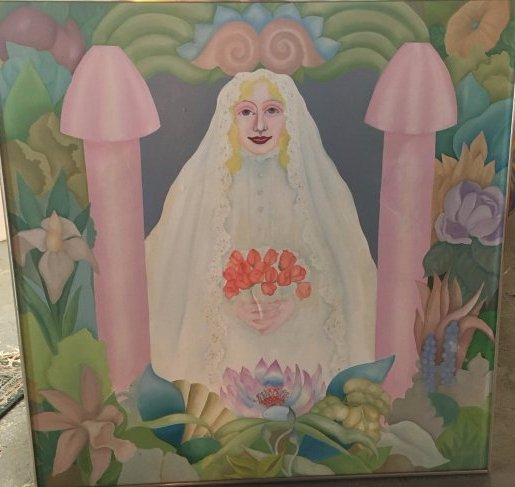 "Virgin Bride" 1976 Rosalind pop outsider art painting: Here is a wacky erotic fun pop/outsider oil on canvas painting entitled "Virgin Bride". It is was created in 1976 and is a nice big eyecatcher, measuring 44" x 44". It is signed Rosalind and retains i
