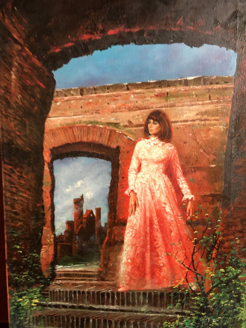 Lou Marchetti original book painting "Dark Interval": Here is a wonderful original oil on canvas painting by Louis Marchetti. It is the original cover art for the gothic suspense book "Dark Interval" written by Joan Aiken and published in 1974. The piece