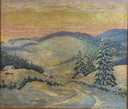 Morzon impressionist winterscape painting on canvas: Here is a lovely impressionist winterscape painting signed M.Morzon and dated 1952. It is oil on canvas and shows masterful use of light like Monet and nice short brush strokes, reminiscent of early T