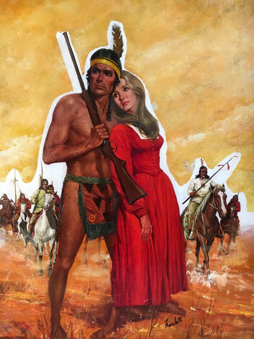 Lou Marchetti original illustration art "Odette": Here is a nice and lusty oil painting by Louis Marchetti, famous illustration artist. This is the original cover art for the gothic romance novel "Odette" and features cowboys, indians, and maidens in