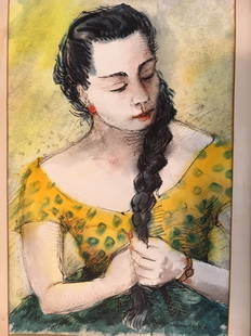 Woldemar Neufeld original watercolor portrait 1958: Here is an original watercolor and ink portrait of "Reka in yellow blouse." It is signed and dated 1958 lower right. W. Neufeld written on the stretcher. It measures 19" x 25". It is nicely framed wit
