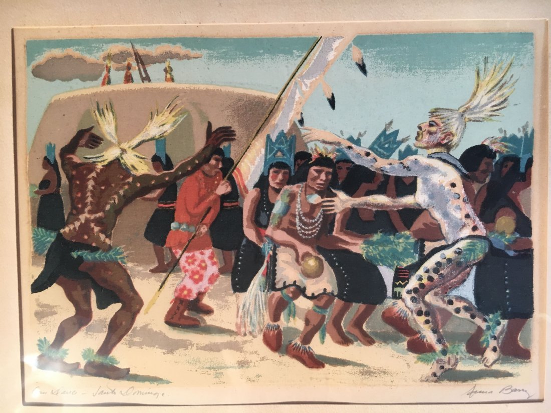 Anna Berry serigraph Corn Dance Santo Domingo: Maker's NameAnna Barry (1907 - 2001)Date of Manufactureca. 1945-1955Here is a Serigraph on white paper entitled "Corn Dance, Santo Domingo" depicting large group of pueblo men and women in ceremonial 