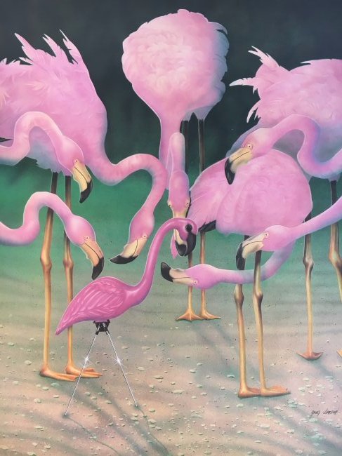 Greg Jensen flamingo pop art print signed #d: Here is a fantastic flamingo pop art print of real flamingos checking out the plastic flamingo yard ornament. It is pencil signed by Greg Jensen and numbered 13/350. It measures 22" x 28" and is unfra