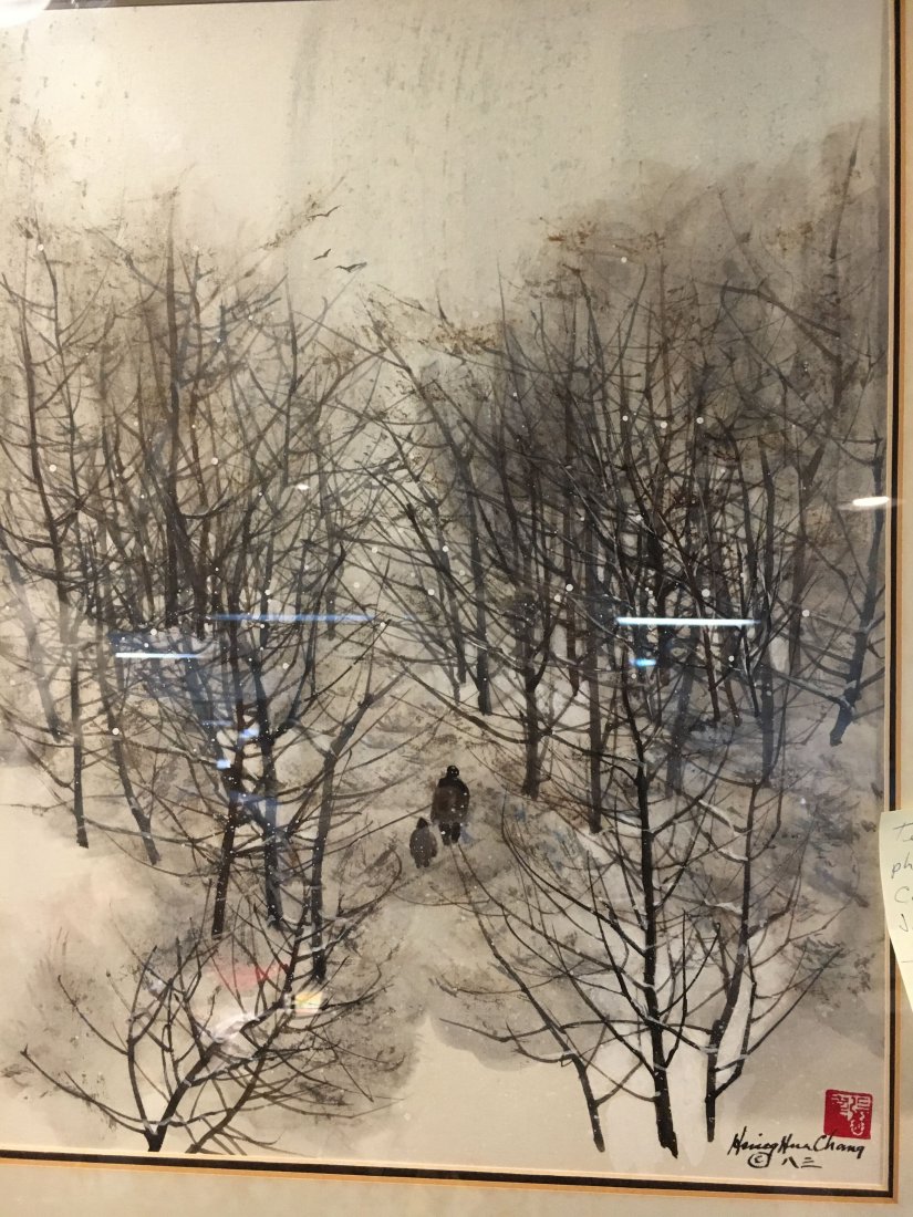 Landscape watercolor by Hsing Hua Chang nicely framed: Here is a beautiful watercolor by listed Kansas City artist Hsing Hua Chang. It is signed lower right along with red cartouche stamp. It measures about 18"x 18".