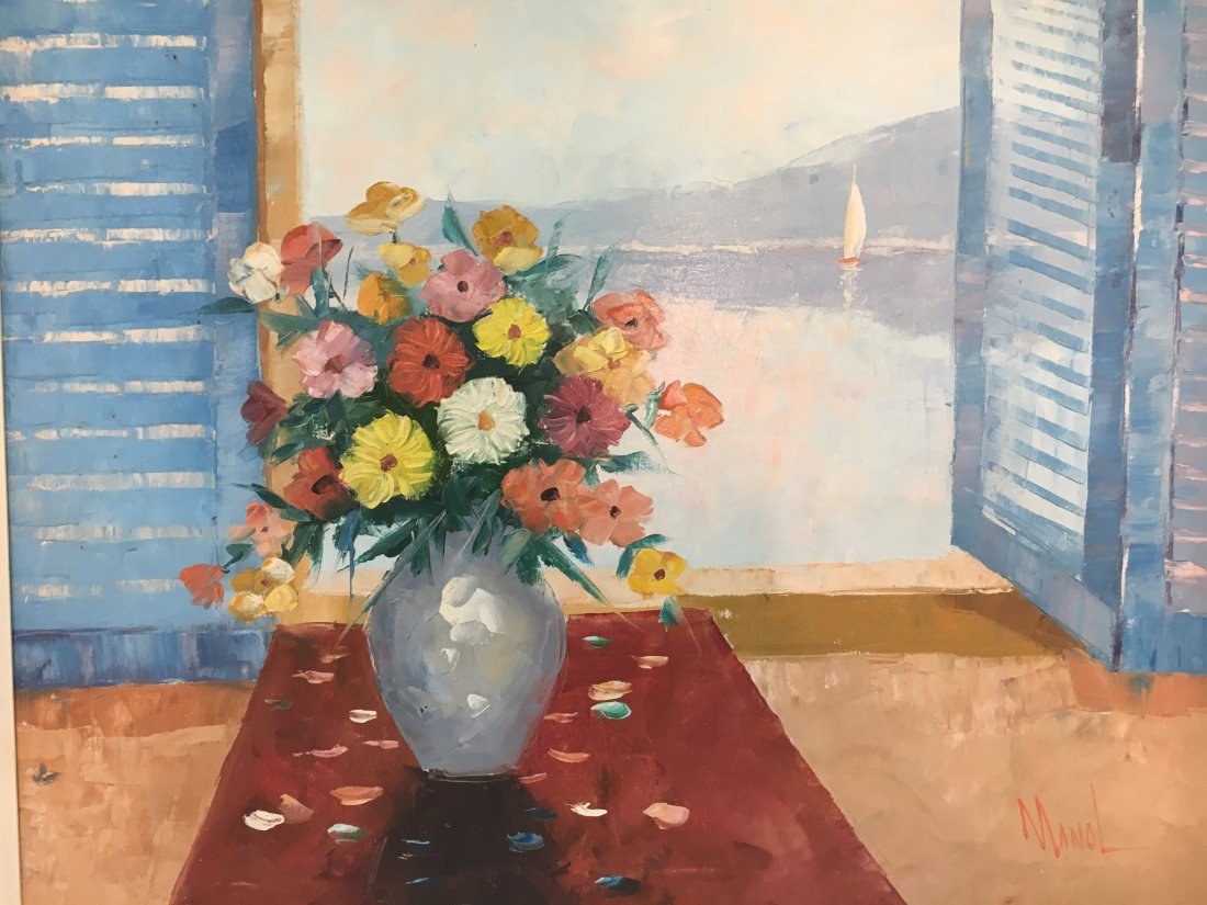 listed artist John A. Manol oil painting: Great original oil painting by listed artist John Adamos Manol. Lovely bouquet with open window and sailboat in background. No damage. Measures 36" x 30". Nicely framed.