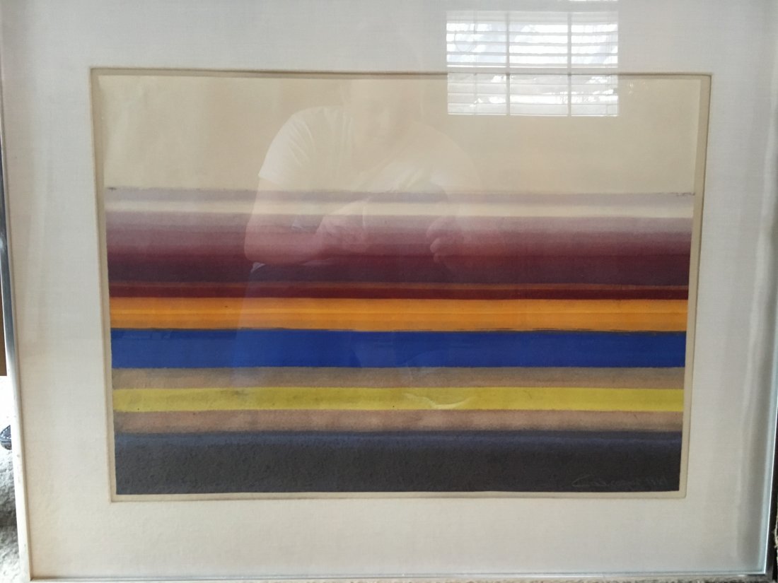 listed Lawrence Calcagno "Sunbands I" 1970 w/c painting: Here is a lovely original watercolor painting by listed artist Lawrence Calcagno. It has its original gallery tag on the back "Sunbands I 1970". No damage. Nicely framed. Great abstract piece! Lawrenc