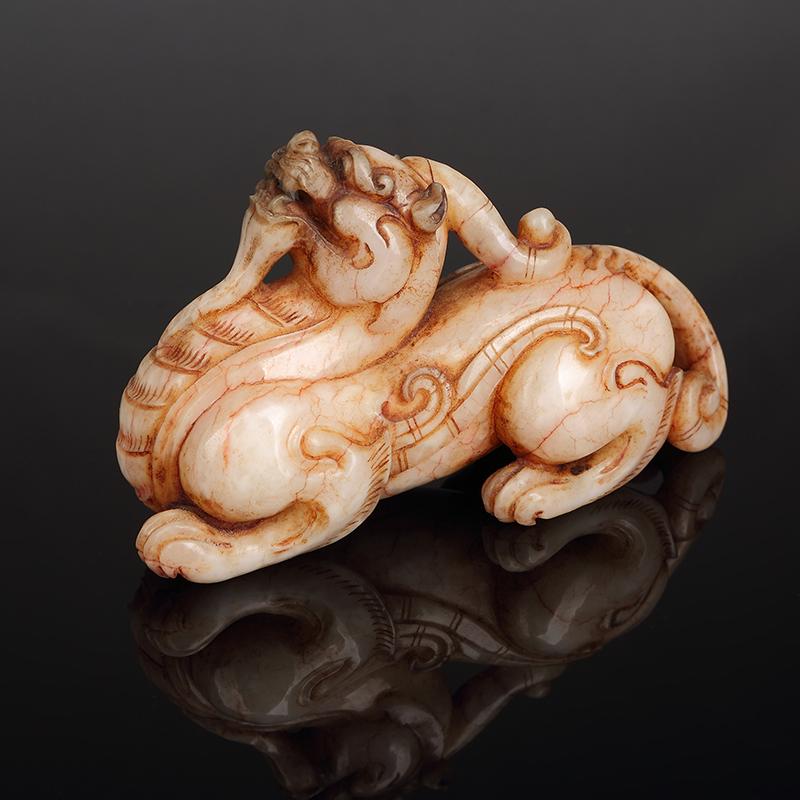 Chinese Jade Mythical Animal: Chinese Jade Mythical Animal China, jade mythical animal, in standing position, deeply carved, with animated face, striations in the stone, and smooth surface..Size:14*5.5*8cm